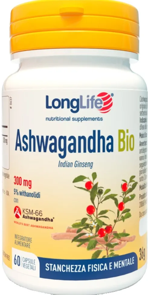 LongLife Ashwagandha Bio KSM-66 300 mg Tonico Adattogeno Benessere Mentale 60 Capsule