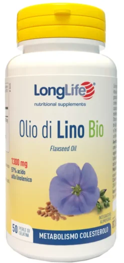 LongLife Olio di Lino 1300 mg Omega 3 Acido Alfa Linolenico per Colesterolo 50 Perle