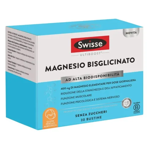 Swisse Ultiboost Magnesio Bisglicinato Integratore ad Alta Biodisponibilità Gusto Pesca e Albicocca 30 Bustine